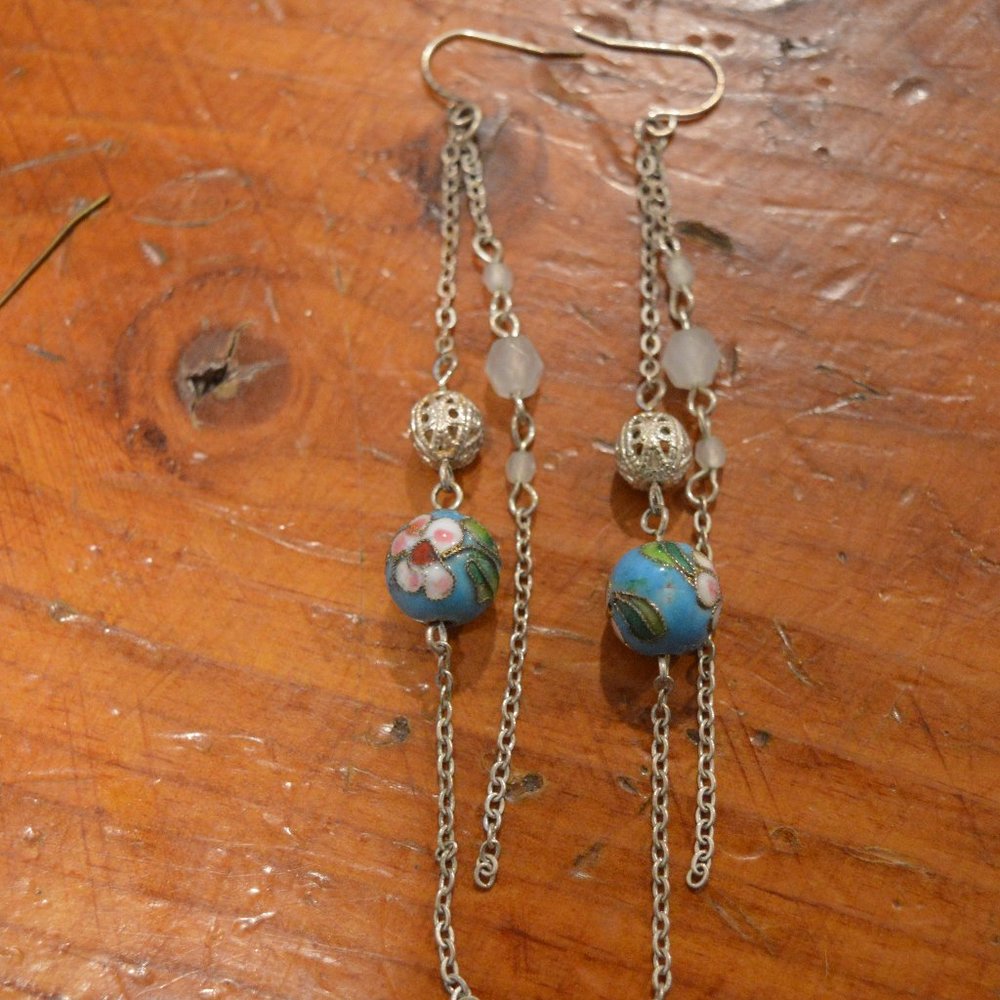 Silver and Flower Painted Bead Earrings